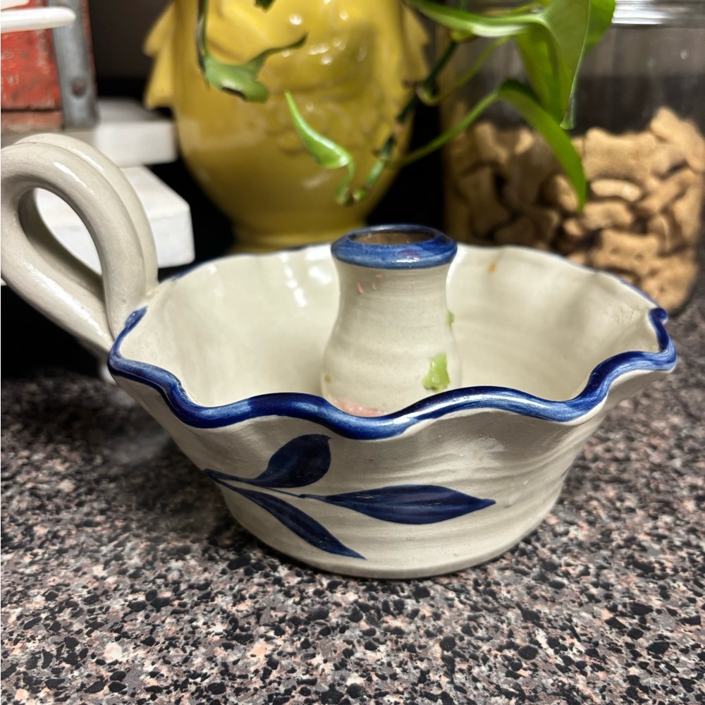 Williamsburg Pottery Salt Glazed Candle Holder Blue Leaf Chamber Stick